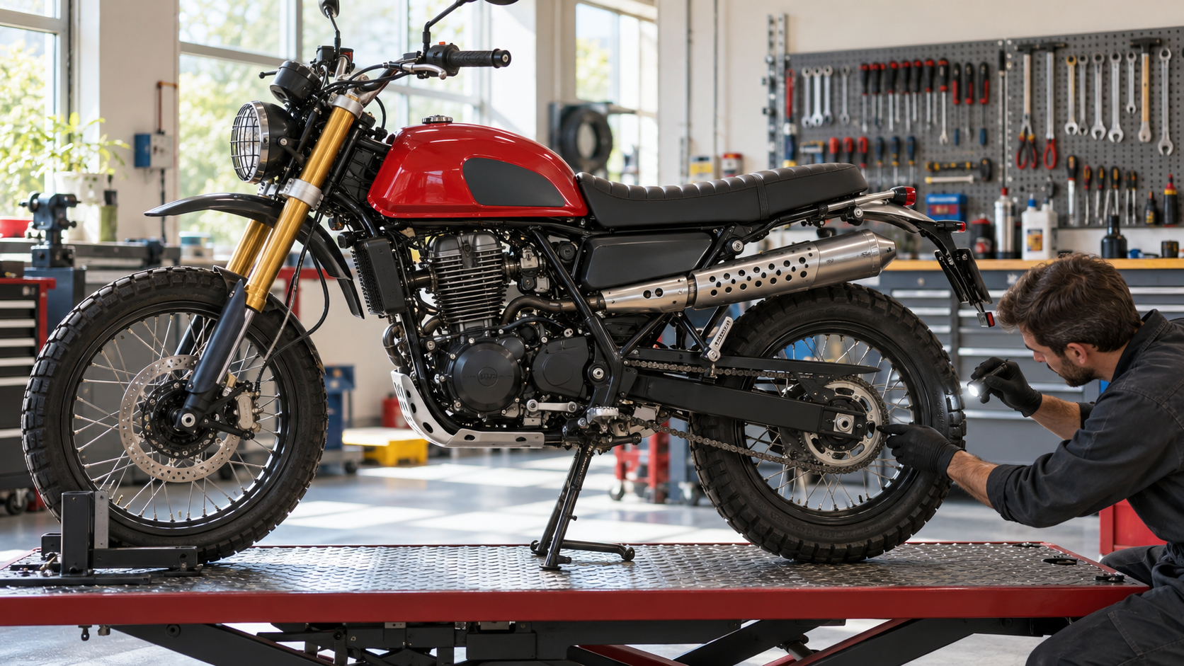 Illustrazione di un meccanico che controlla catena e ruota posteriore di una scrambler in officina