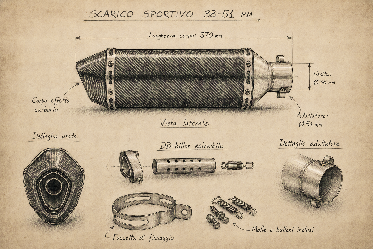 marmitta Moto Guzzi V7 Caf Classic schema tecnico - scarico Moto Guzzi V7 Caf Classic sportivo 38-51 mm