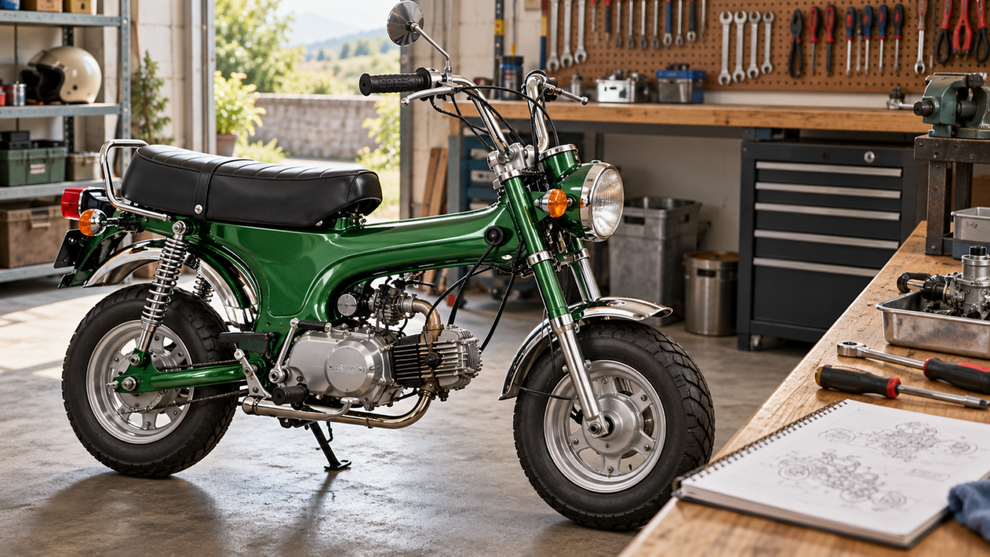 Mini-moto retro accanto a un banco da officina