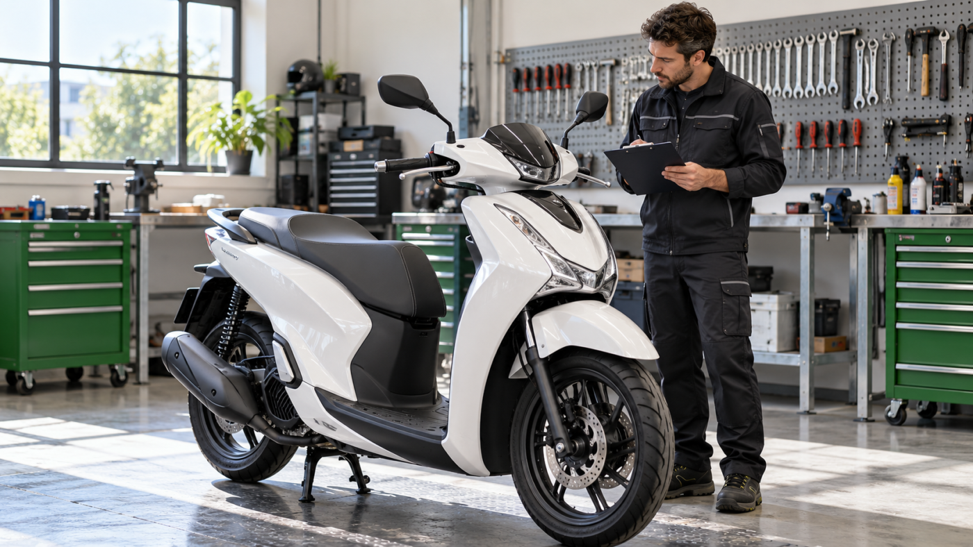Tecnico con una scheda di controllo accanto a uno scooter bianco in officina